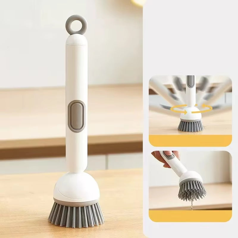 6-In-1 Dish Brush with Detergent Dispenser 360° Rotating Scrubber Adjustable Angles Non-Slip Grip Handle Durable PET Bristles