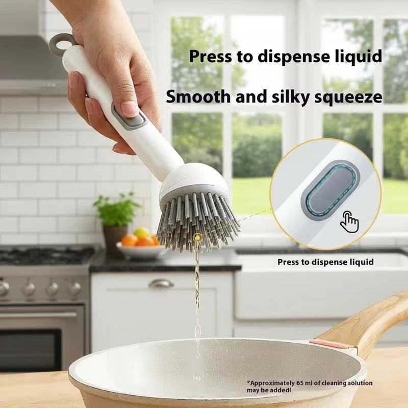 6-In-1 Dish Brush with Detergent Dispenser 360° Rotating Scrubber Adjustable Angles Non-Slip Grip Handle Durable PET Bristles