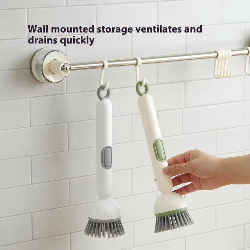 6-In-1 Dish Brush with Detergent Dispenser 360° Rotating Scrubber Adjustable Angles Non-Slip Grip Handle Durable PET Bristles