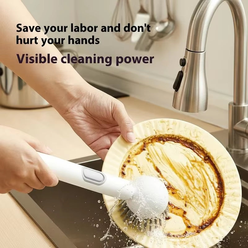 6-In-1 Dish Brush with Detergent Dispenser 360° Rotating Scrubber Adjustable Angles Non-Slip Grip Handle Durable PET Bristles