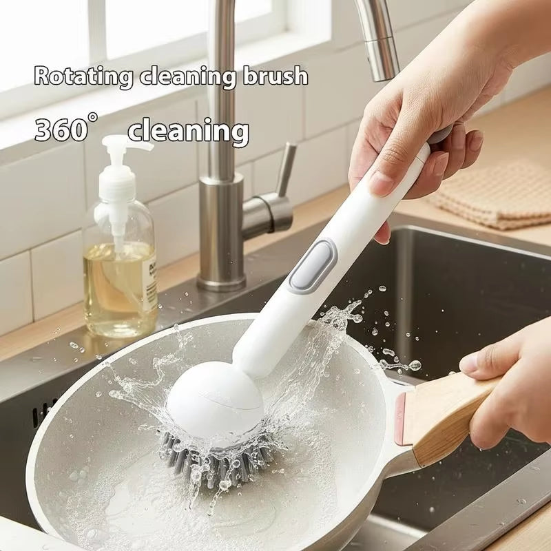 6-In-1 Dish Brush with Detergent Dispenser 360° Rotating Scrubber Adjustable Angles Non-Slip Grip Handle Durable PET Bristles