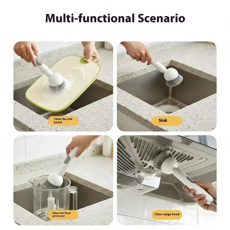 6-In-1 Dish Brush with Detergent Dispenser 360° Rotating Scrubber Adjustable Angles Non-Slip Grip Handle Durable PET Bristles