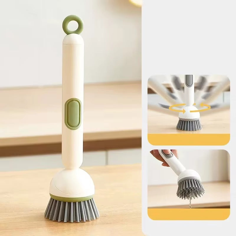 6-In-1 Dish Brush with Detergent Dispenser 360° Rotating Scrubber Adjustable Angles Non-Slip Grip Handle Durable PET Bristles