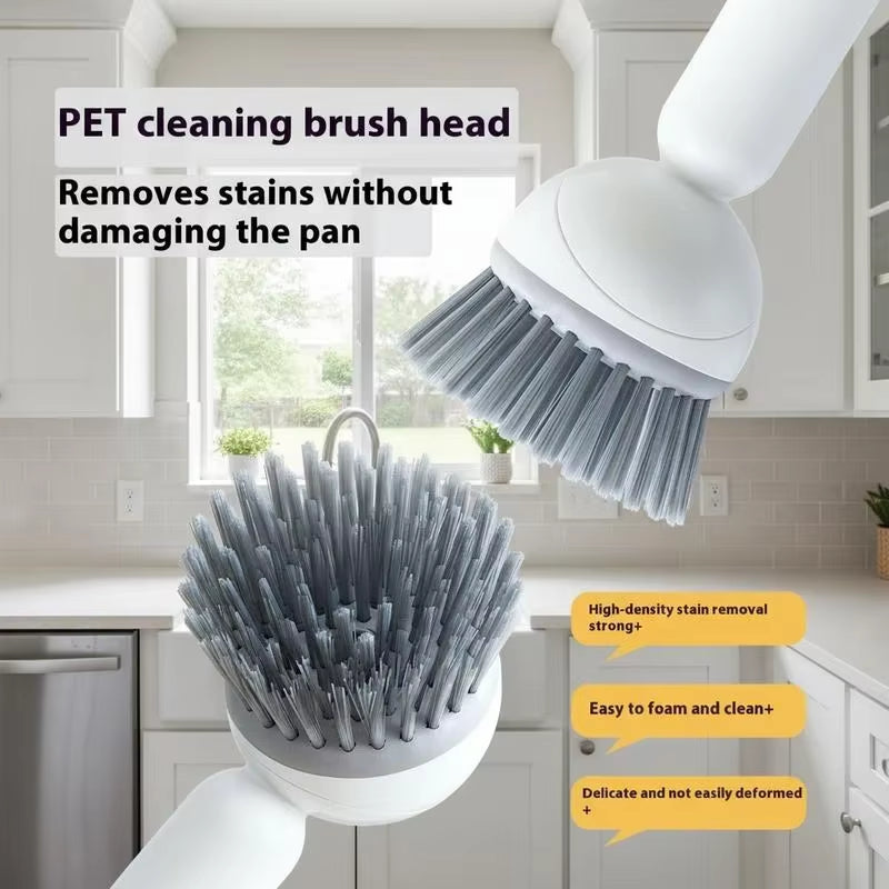 6-In-1 Dish Brush with Detergent Dispenser 360° Rotating Scrubber Adjustable Angles Non-Slip Grip Handle Durable PET Bristles